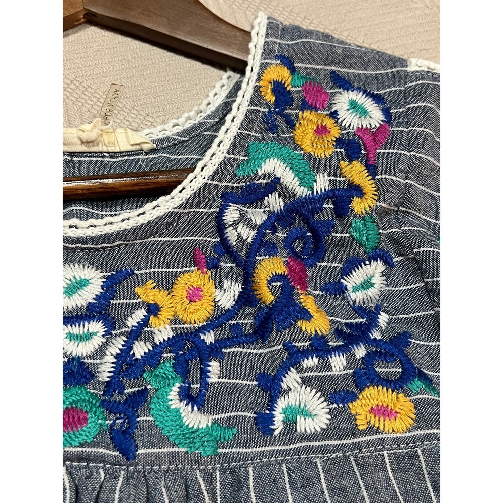 Entro Mexican Shift Mini Dress Blue Floral Embroidery Crochet Lace Womens Medium - Picture 5 of 7